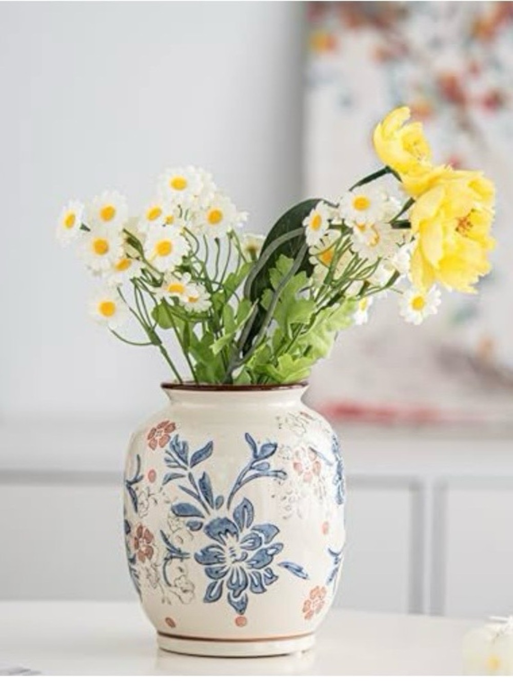Floral Ceramic Vase with Blue and Peach Motif